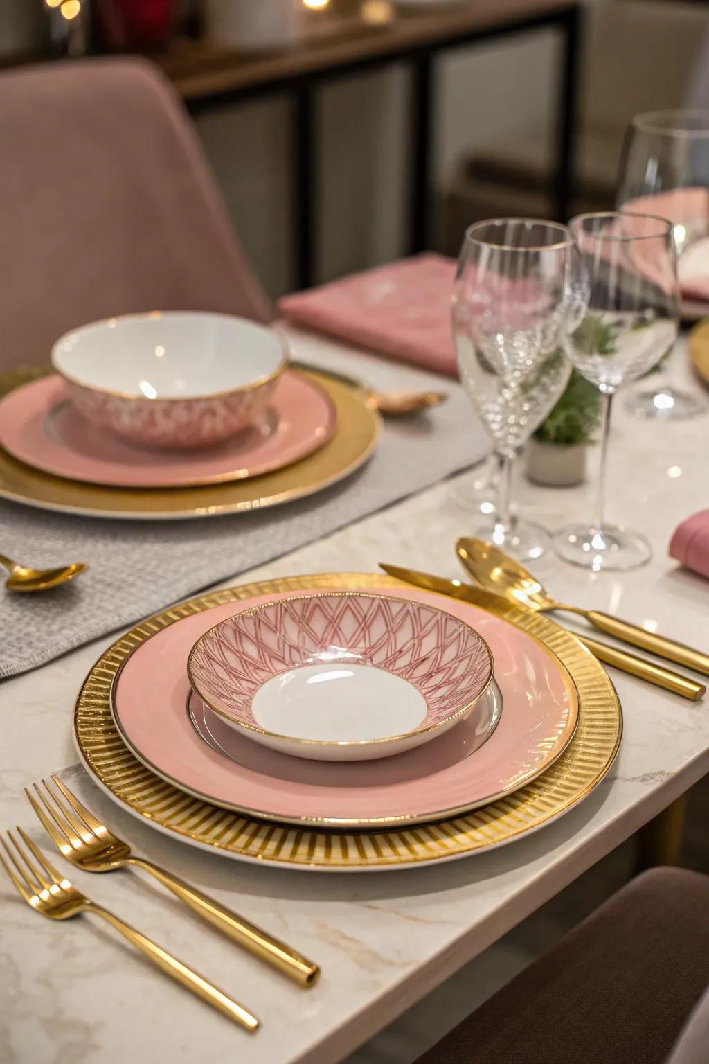 Elegant tableware in rosy and gold introduces a hint of class to the party.