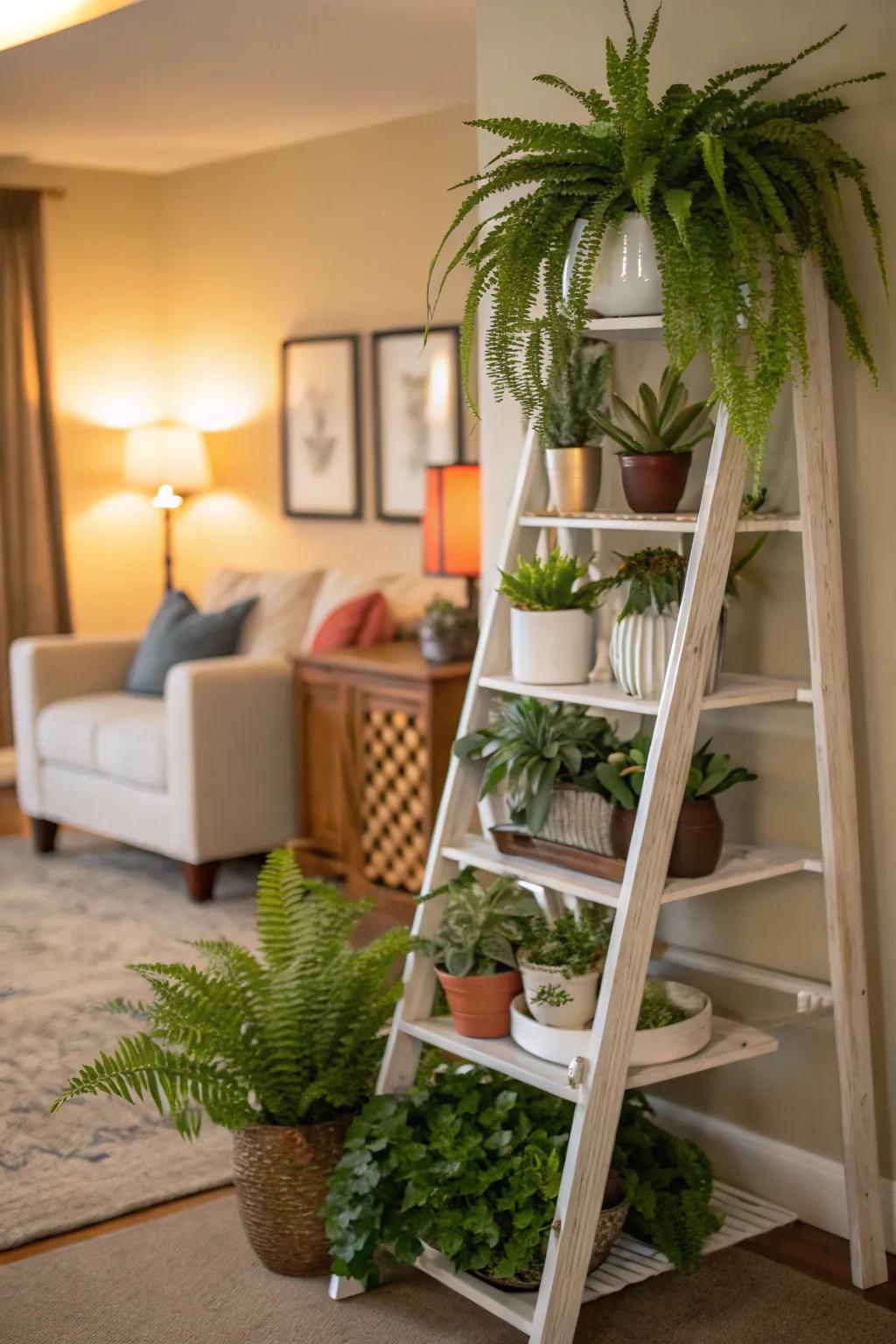 Highlight plants in a vertical fashion using ladder-style stands.