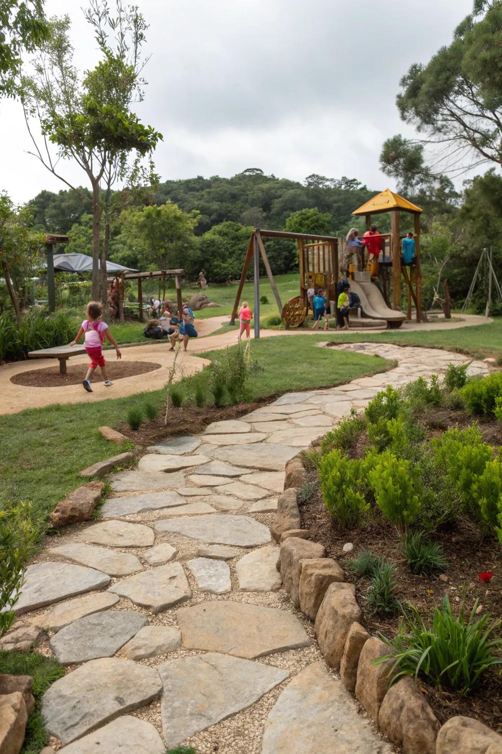 Stone pathways add a distinct touch to playgrounds.