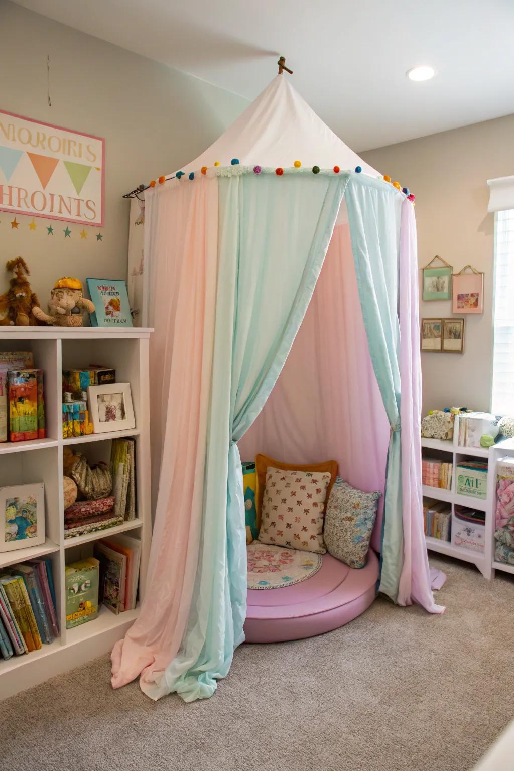 Canopy curtains give the playroom a fairy-tale vibe.