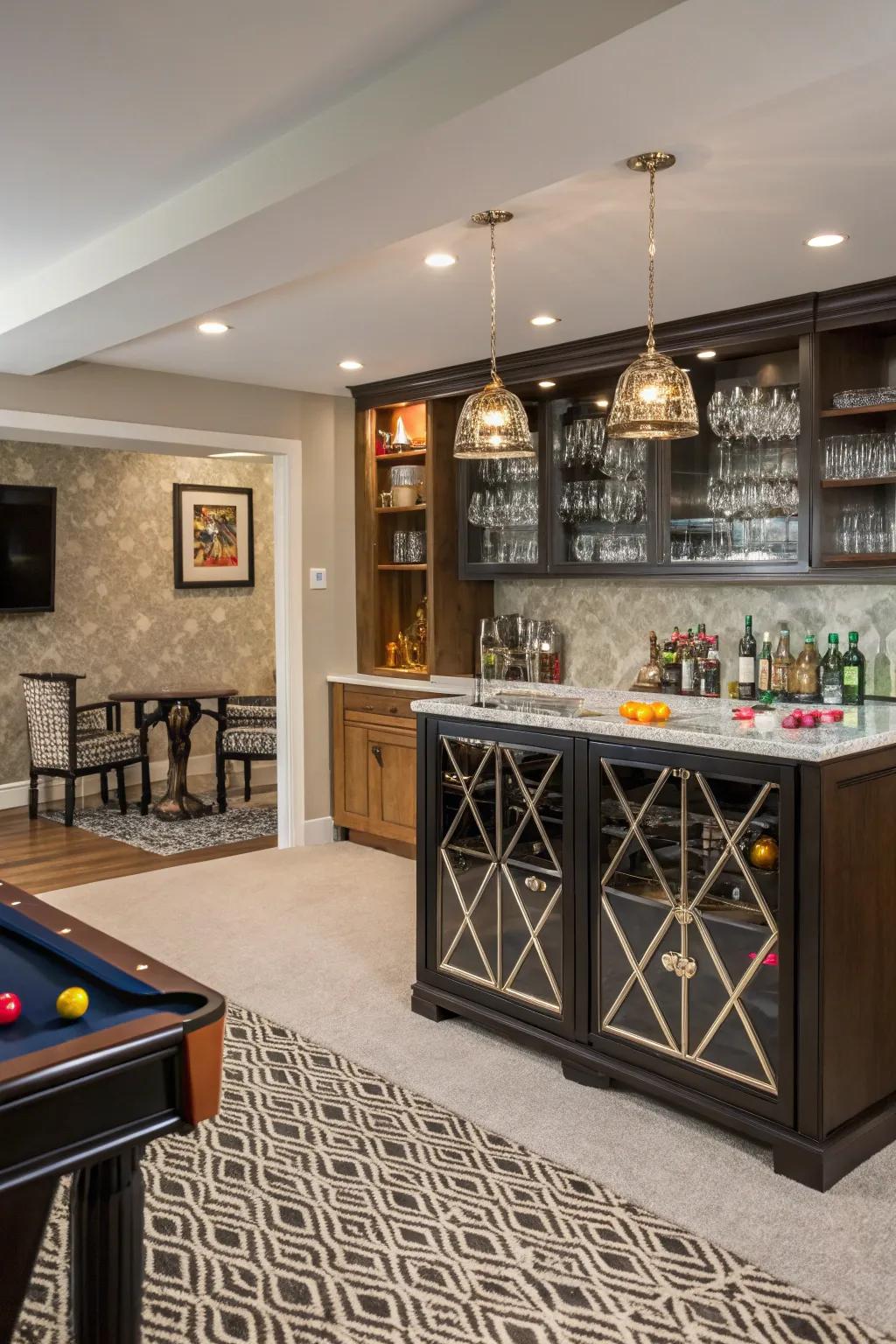 A sophisticated playroom featuring a chic bar area.