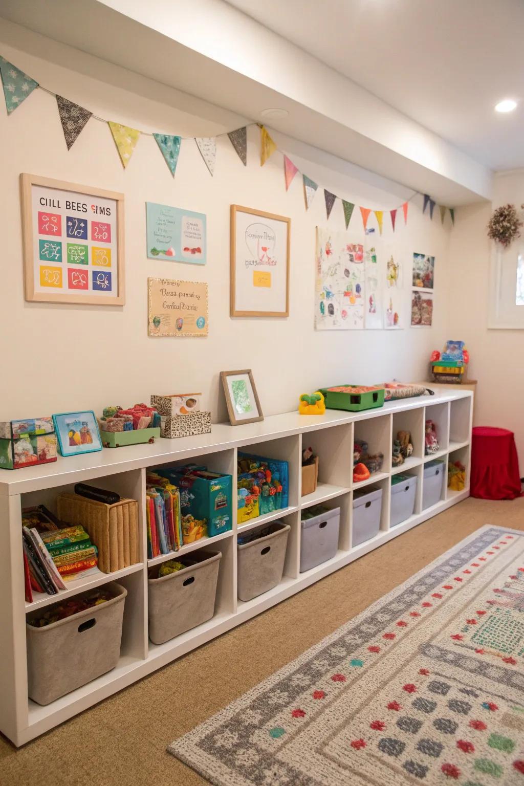 In a playroom, low storage units are made for simple access by kids.