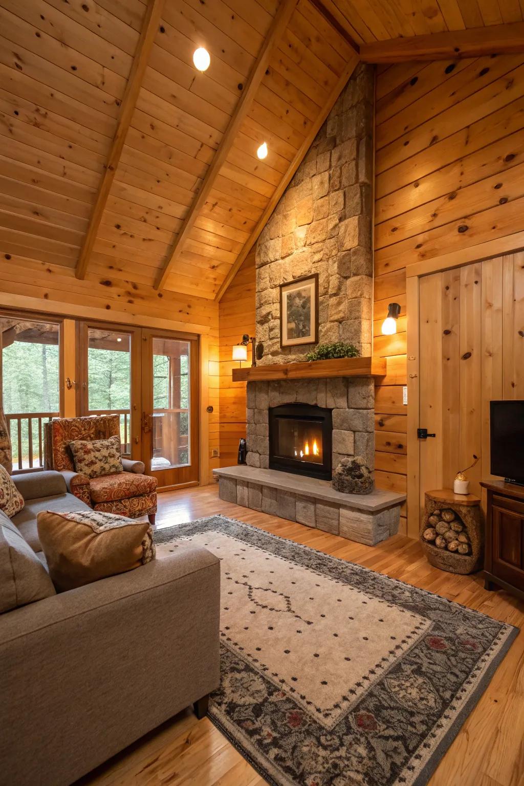 Wood paneling helps create a warm, rustic atmosphere in this cozy cabin setting.
