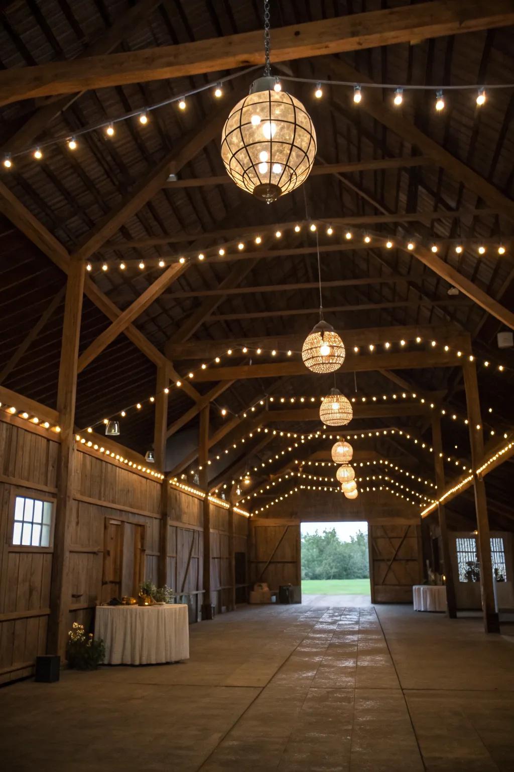 Dramatic lighting in a pole barn with pendant fixtures and ambient lights.