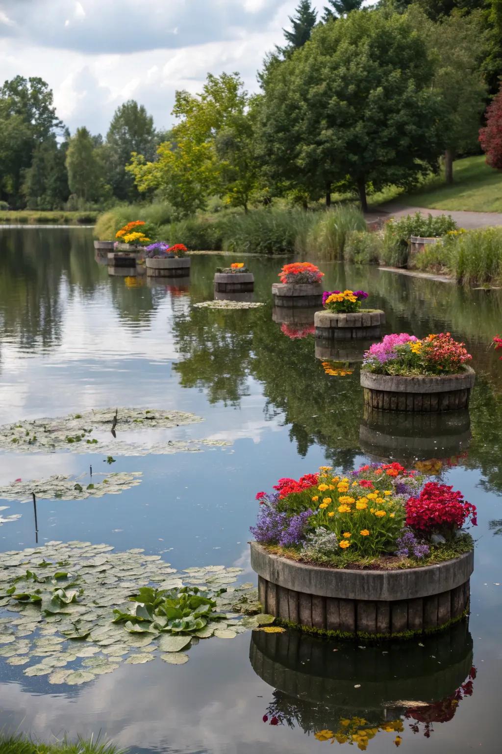 Floating planters adding a special touch to a stunning pond.