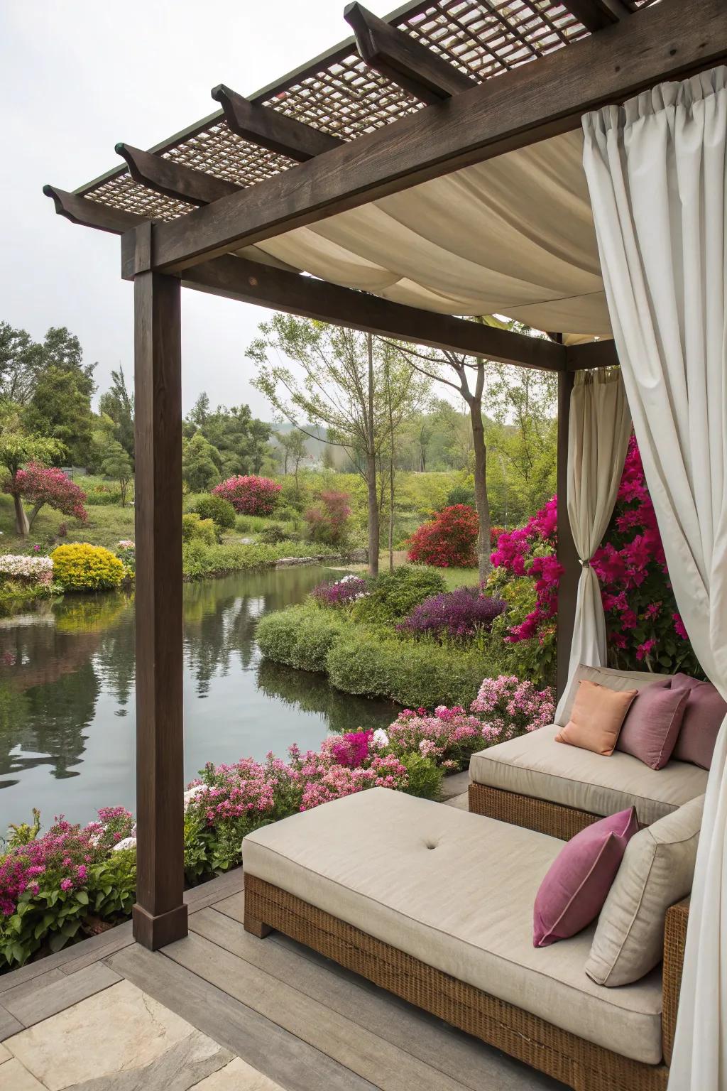 A pergola offers a shaded, stylish seating zone by the pond.