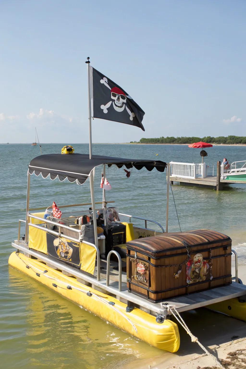 A pontoon boat with a pirate theme, prepared for adventure with flags and treasure.