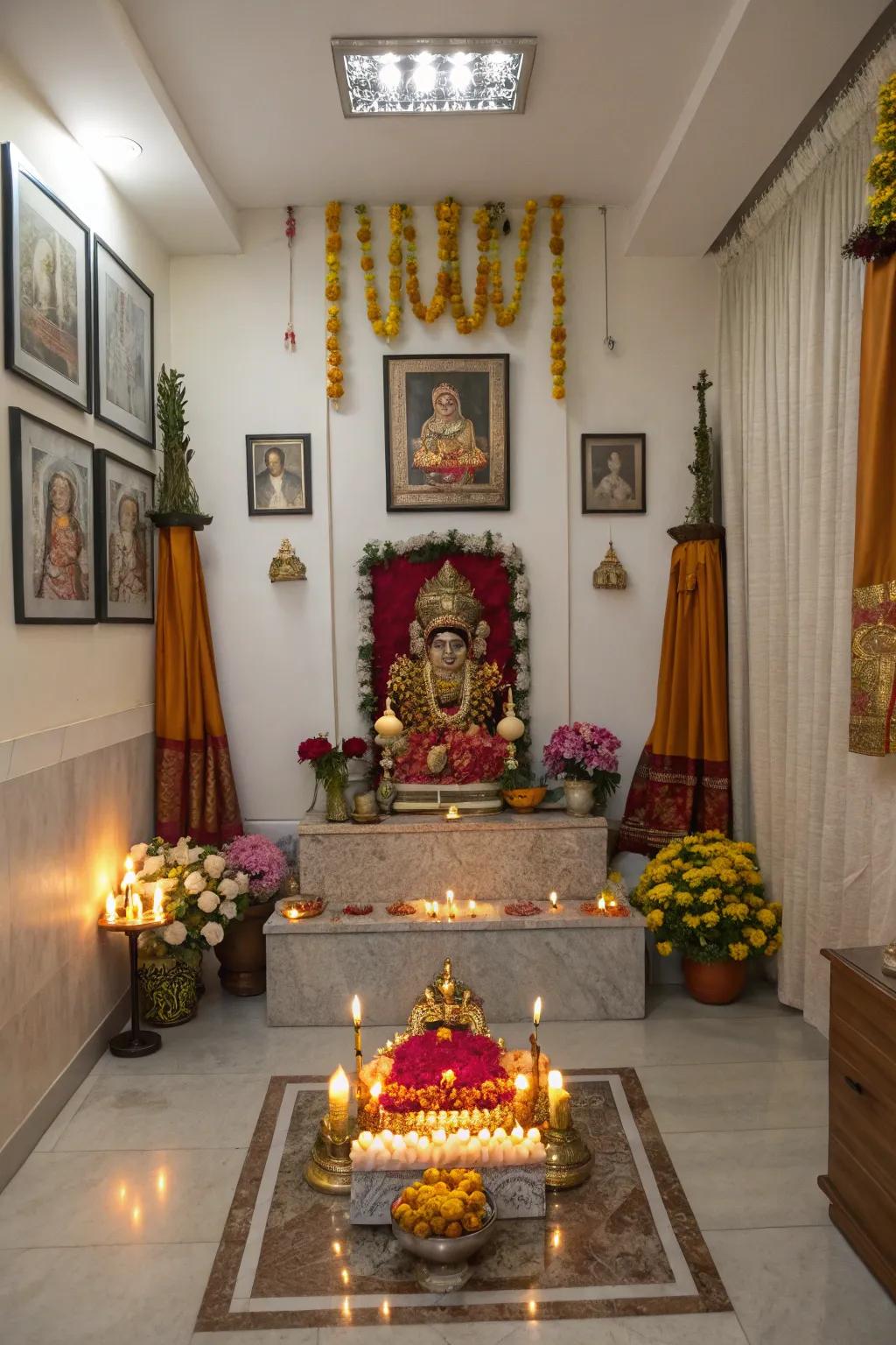 Deity idols take center stage, focusing the spiritual energy of this pooja room.