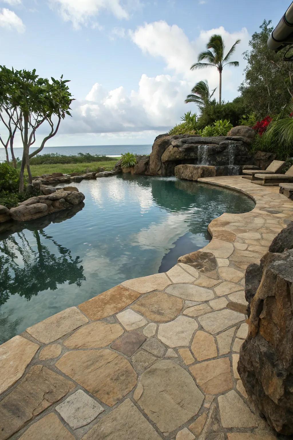 Kauai stone tiles evoke the natural beauty of volcanic landscapes.