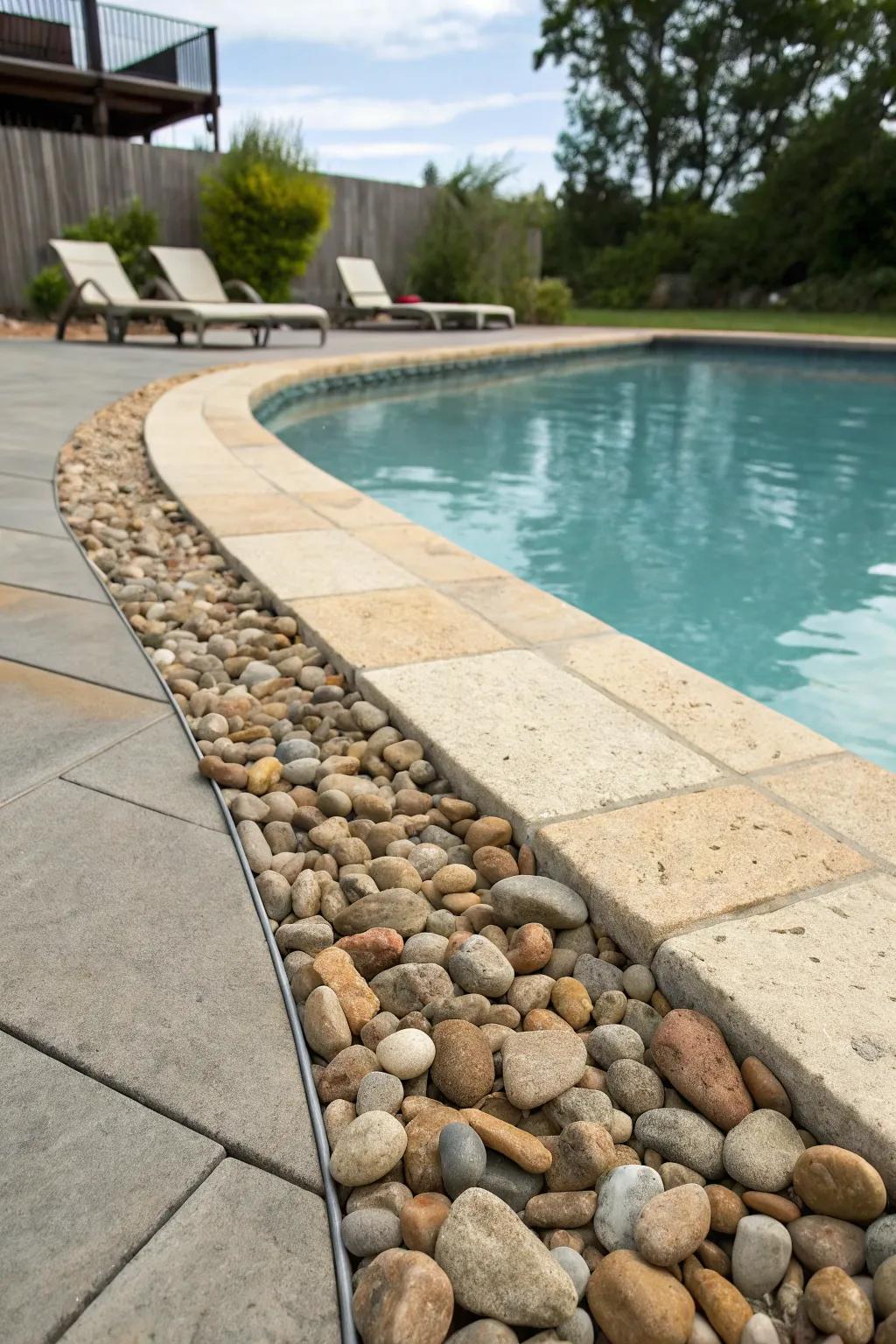 River stone borders add texture and charm to poolside areas.