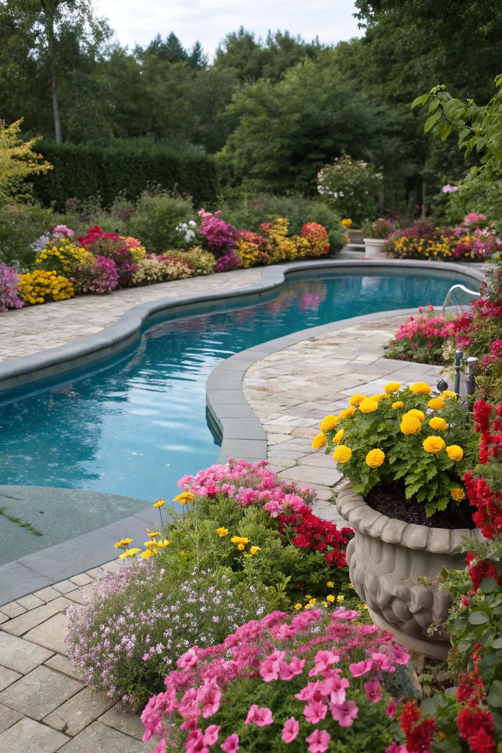 Vibrant flower borders bring color and energy to your poolside.