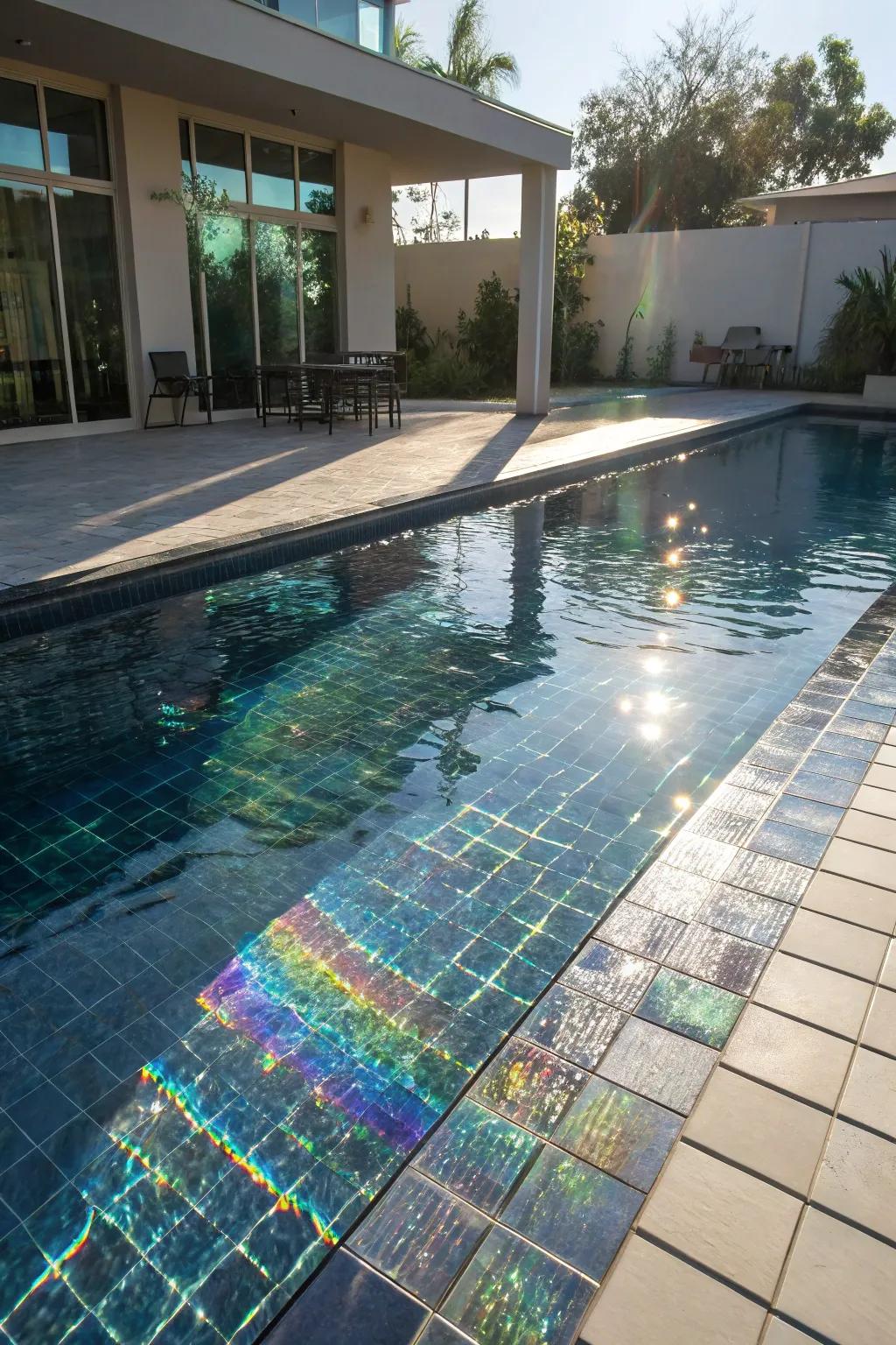 Shimmering glass tiles create a dynamic play of colors under the sun.