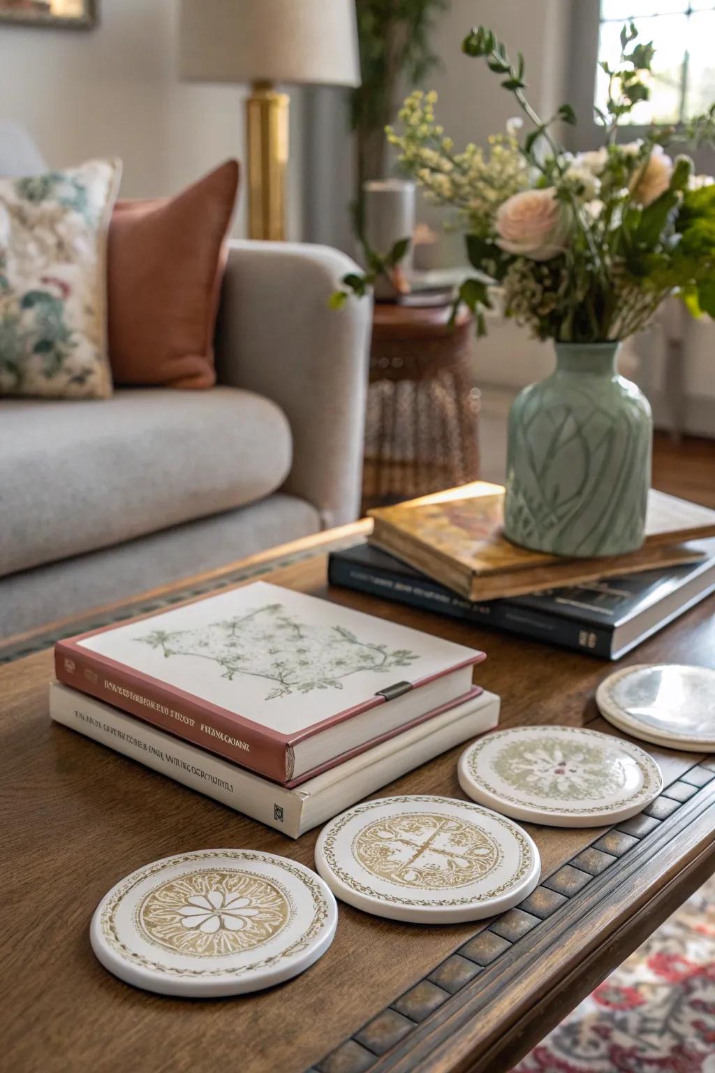 Shield your surfaces with a fashionable porcelain drink coaster set.