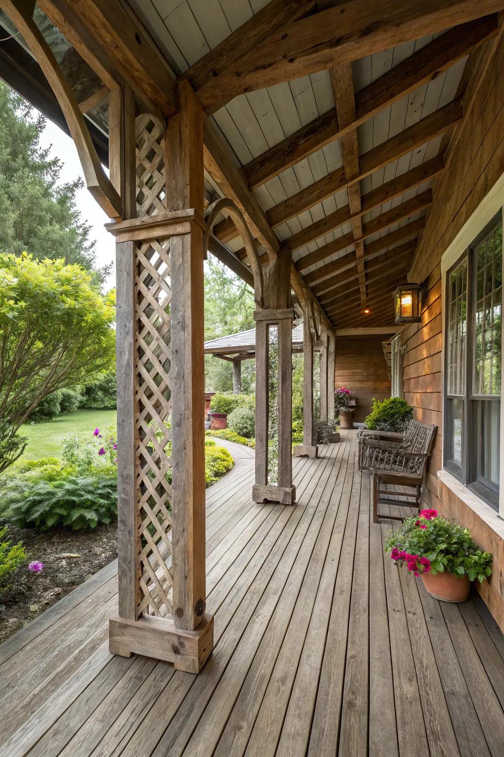 A porch addition featuring rustic wooden beams and components.