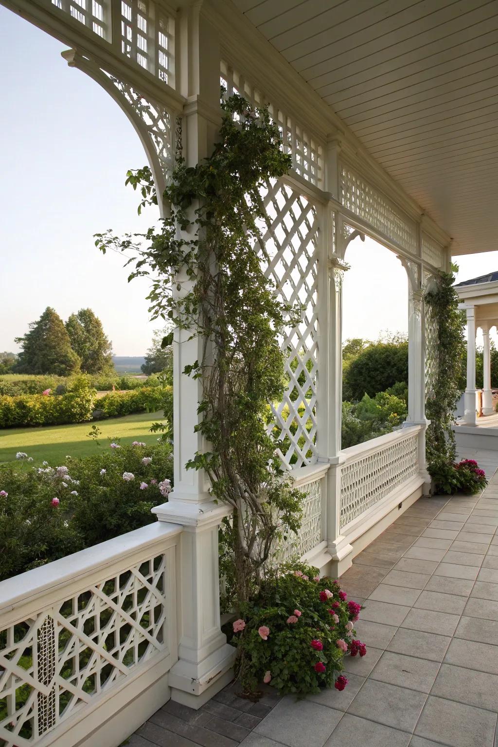 A lattice-enhanced knee wall that supports lush greenery.