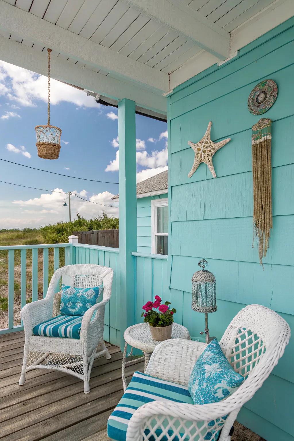 A coastal-themed cerulean porch that represents the essence of seaside leisure.