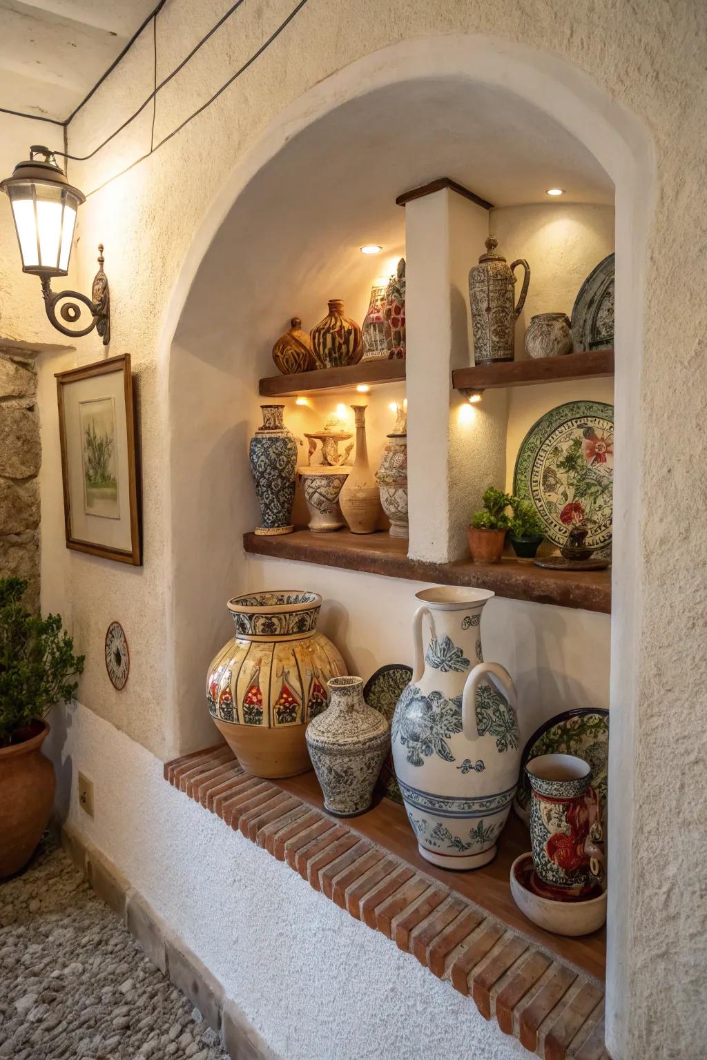 An artful pottery display in a small nook.