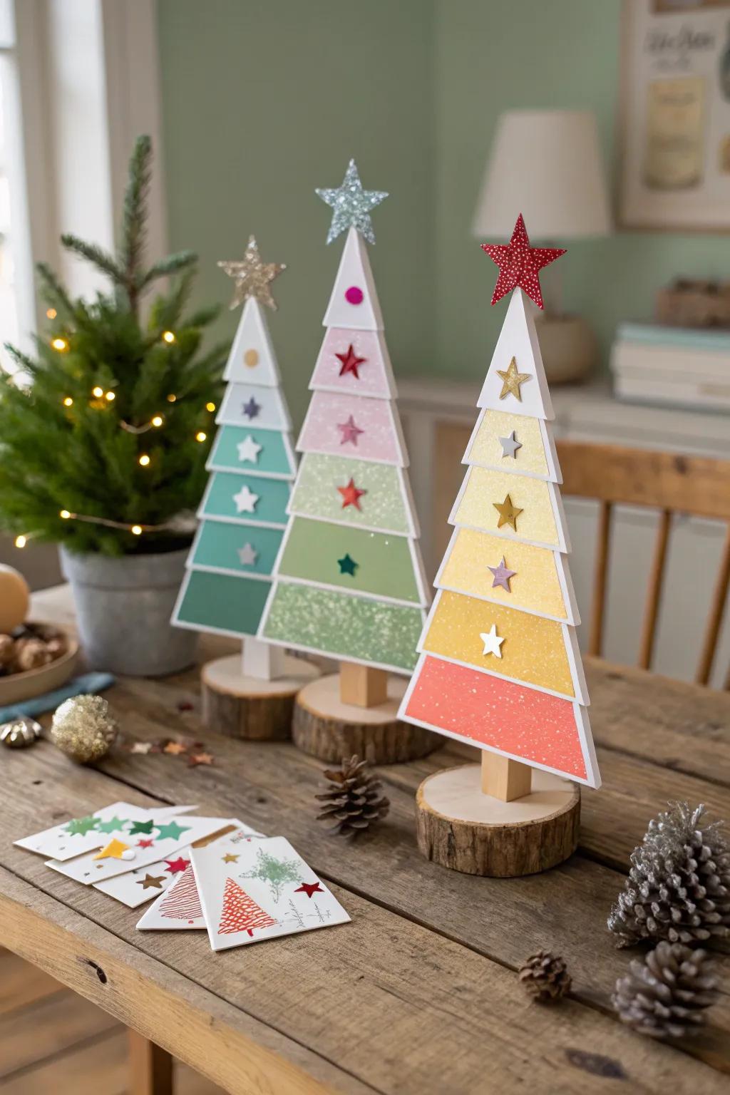 Eco-friendly color sample trees, adding vibrancy and creativity to holiday decor.