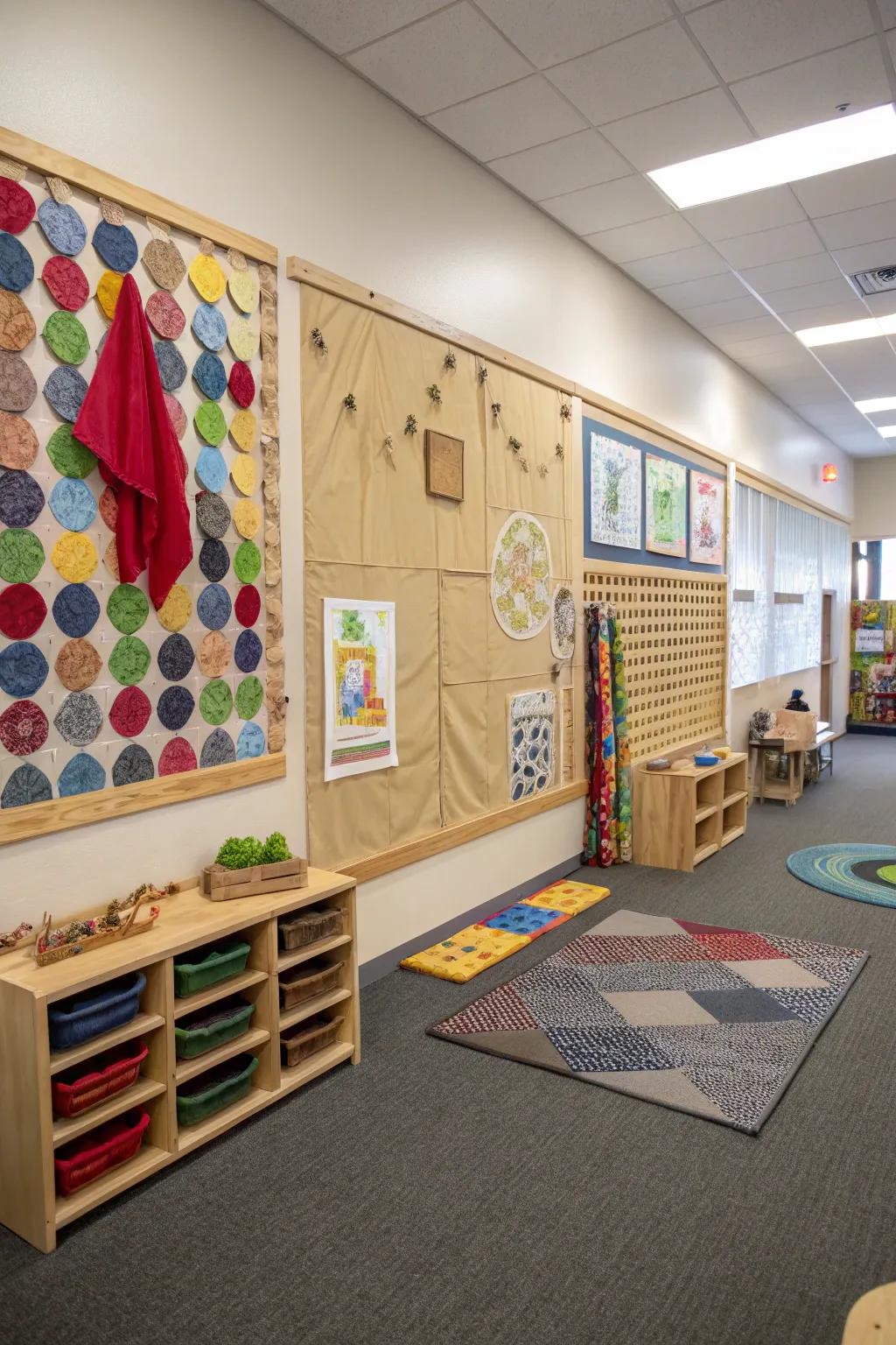 Walls featuring tactile components designed for sensory exploration.