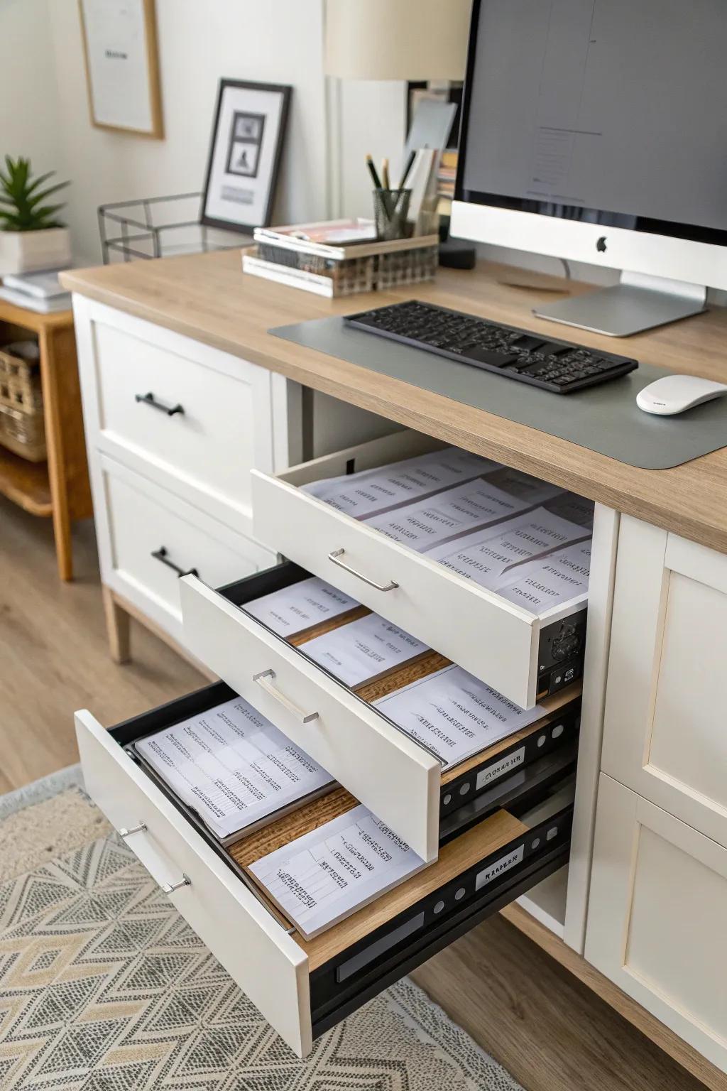 Under-desk drawers to keep paper out of sight but within reach.