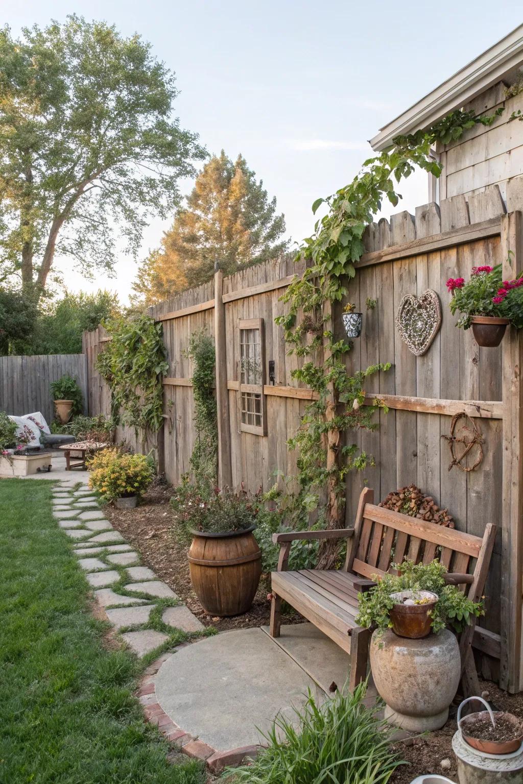 Upcycled wood fences contribute character and sustainability.