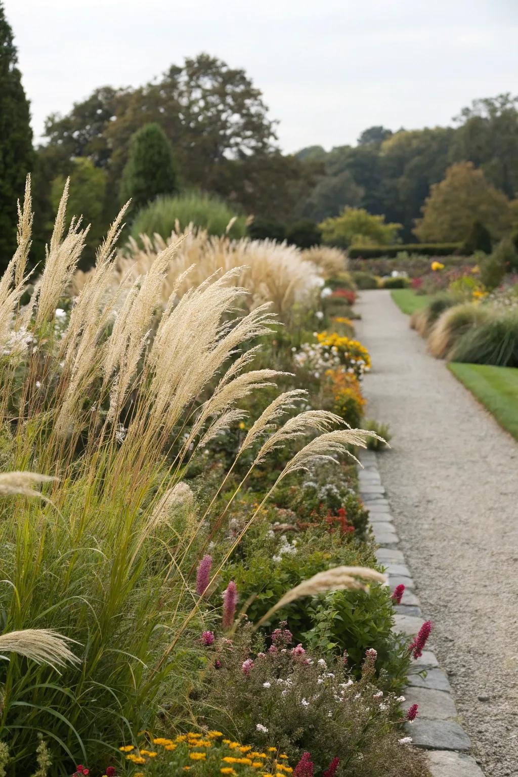 Showy grasses contributing texture to land borders.