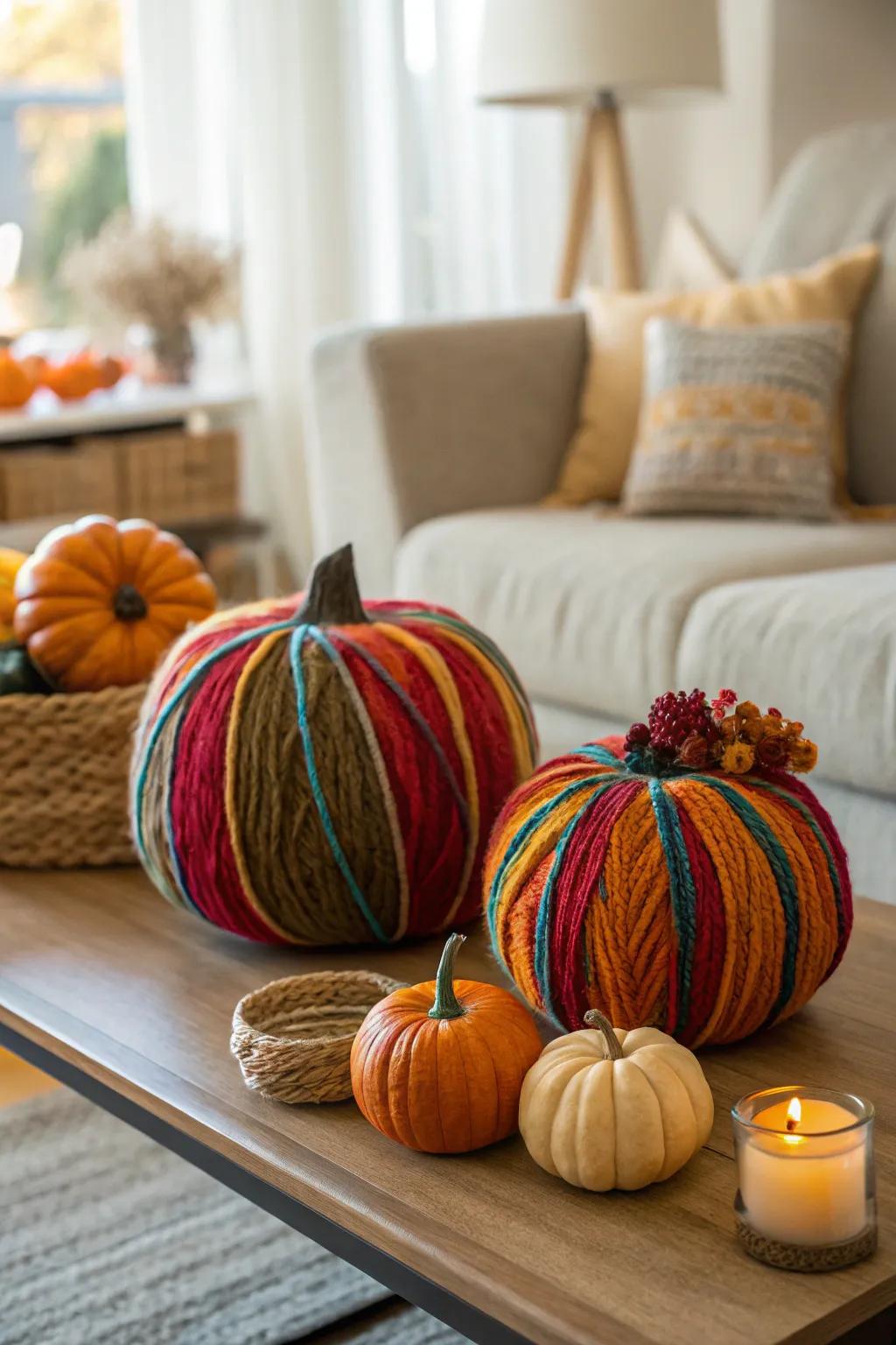 Pumpkins wrapped in yarn for a cozy touch.