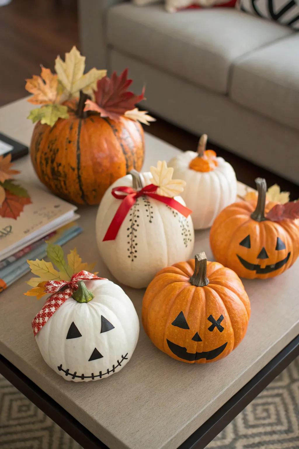 Enhance ornamentation with delightful diminutive decorated pumpkins.