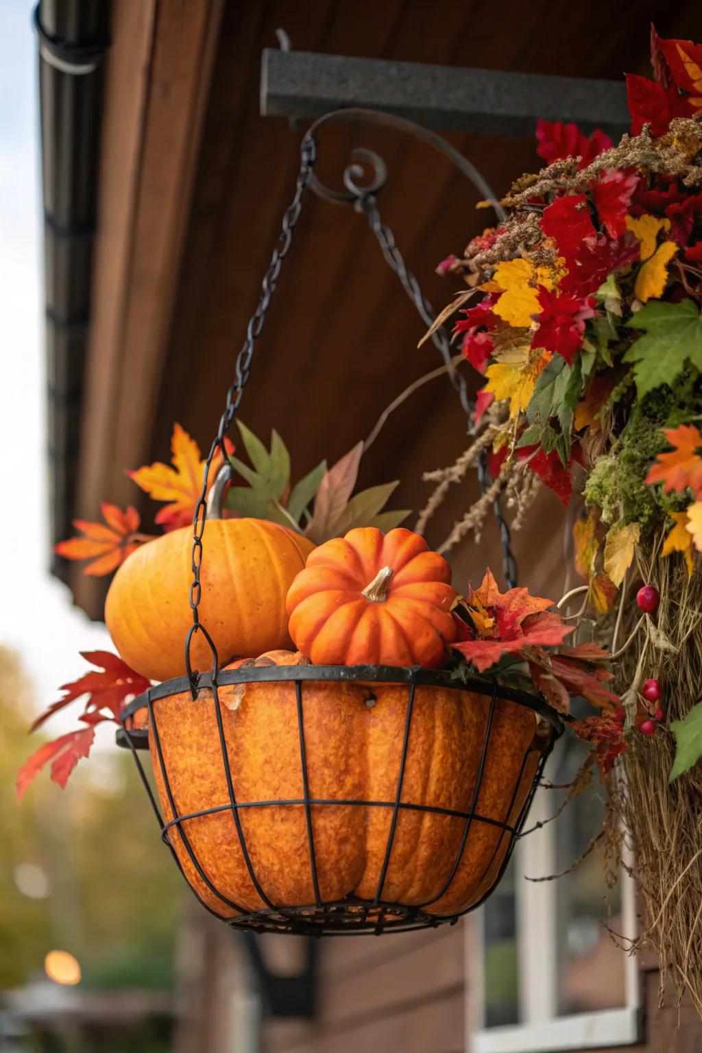 A fall-inspired hanging basket filled with mini pumpkins.