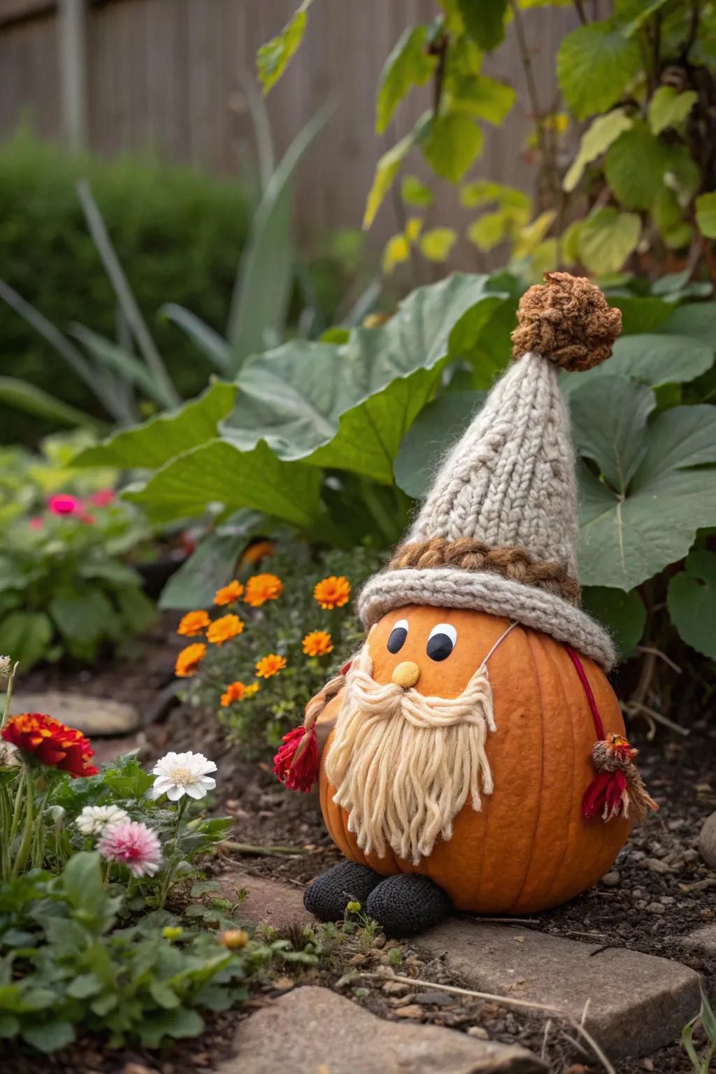 A delightful gnome pumpkin bestowing fantasy upon the garden.