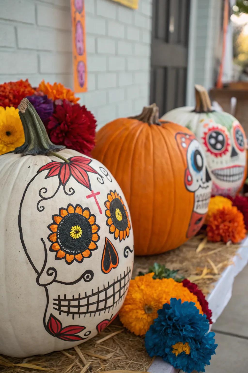 Day of the Dead-inspired pumpkins bring cultural flair to your decor.
