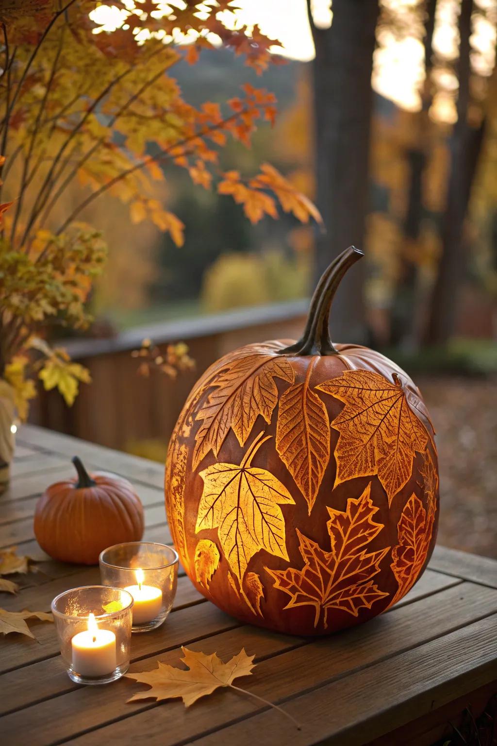 An autumnal foliage carved pumpkin that imparts seasonal warmth to your adornments.