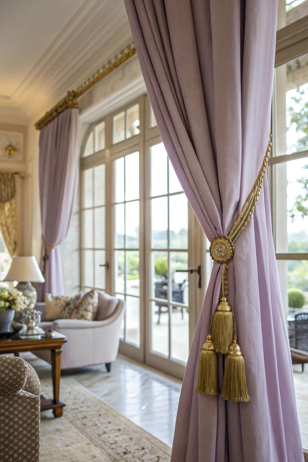Light purple curtains with gold tiebacks introduce refinement to any space.