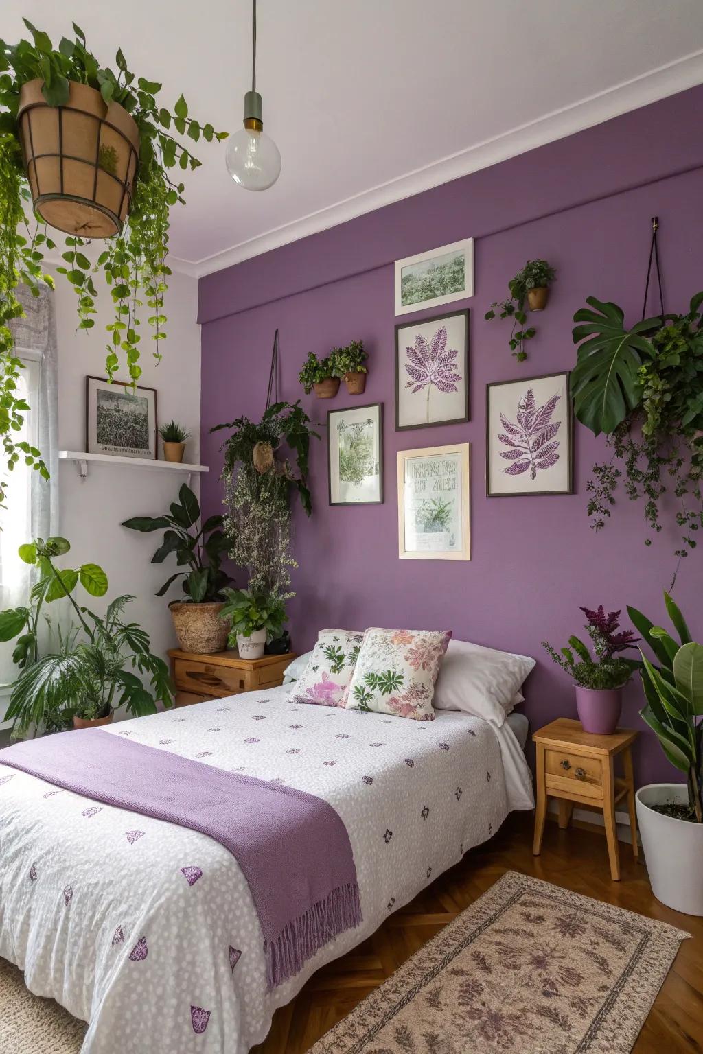 Natural botanical hints enhancing a purple-themed bedroom.