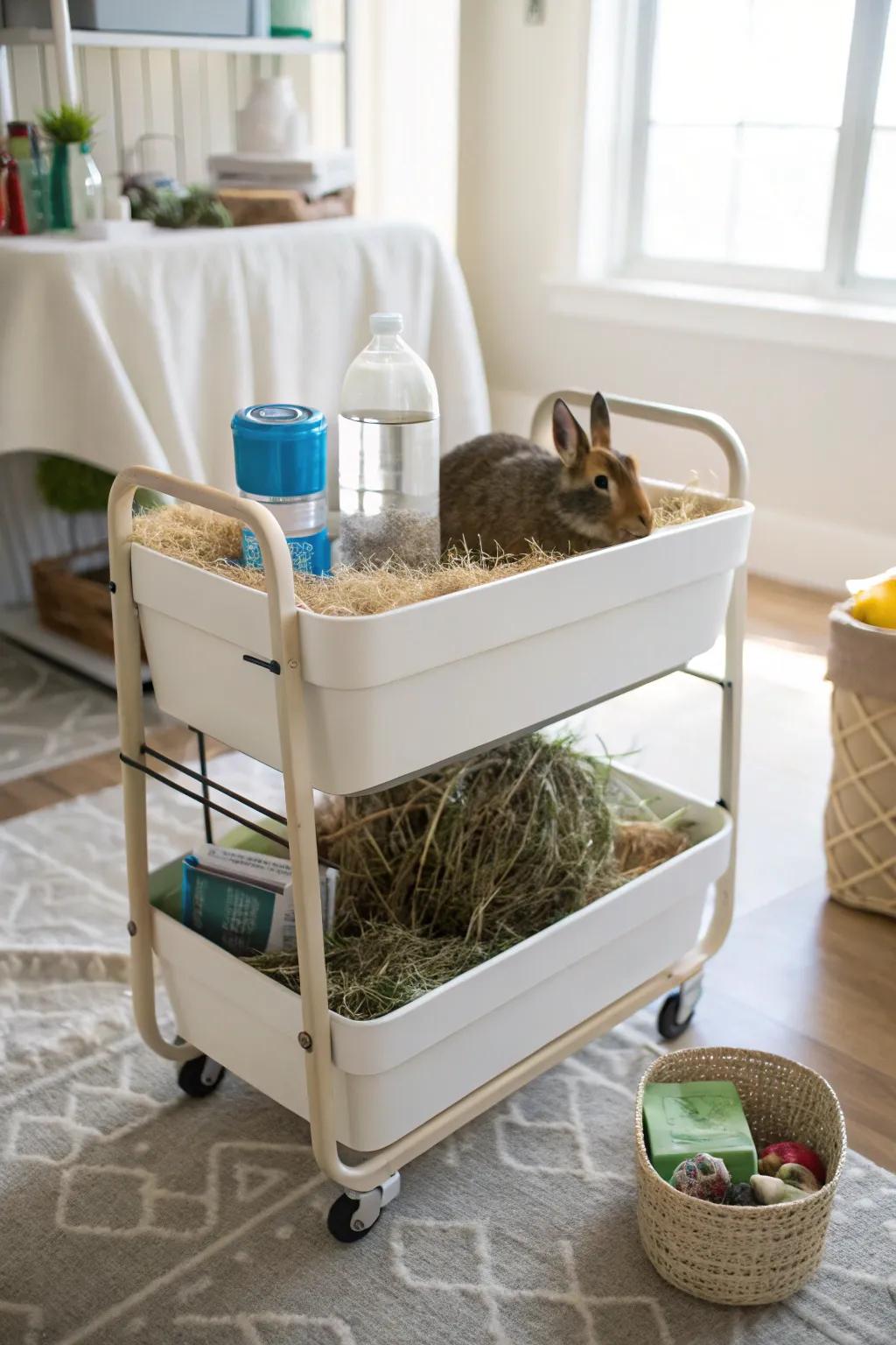 A useful rolling cart makes hay storage movable and organized.