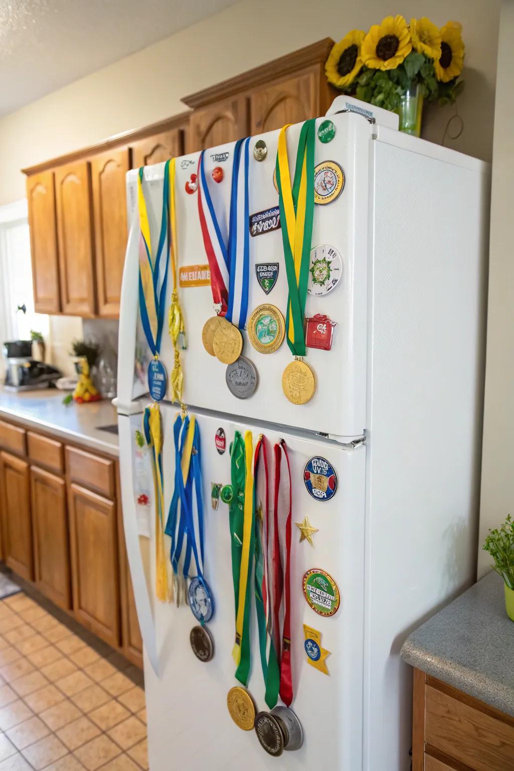 Magnetic fridge displays offer a quirky way to keep your medals in sight.