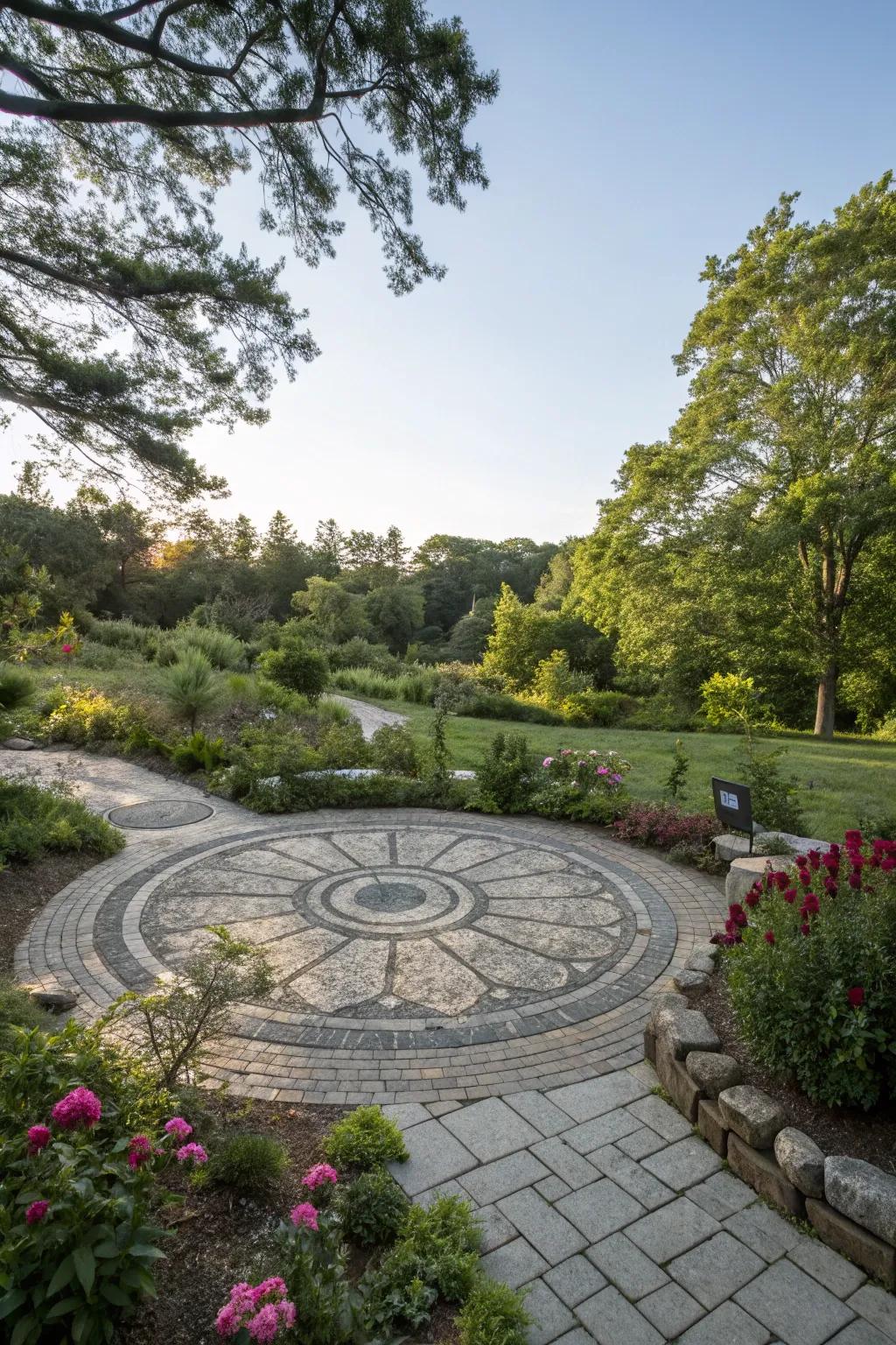 A garden featuring a tranquil stone design of radial pattern.
