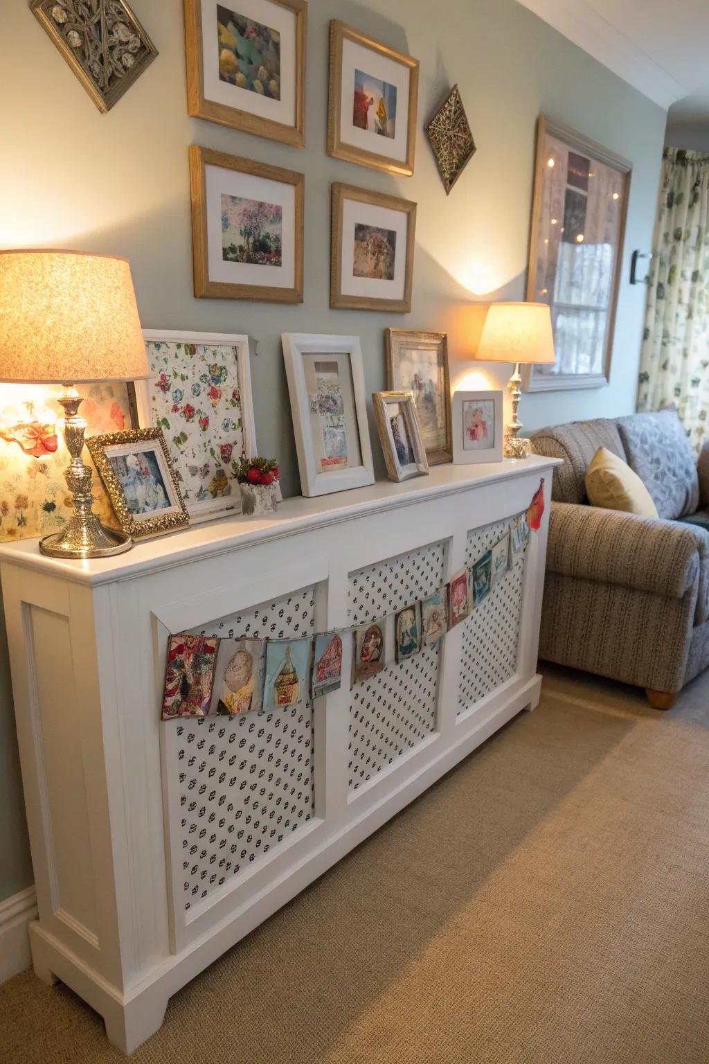 Artwork and photos personalize a radiator shield, adding character to the room.