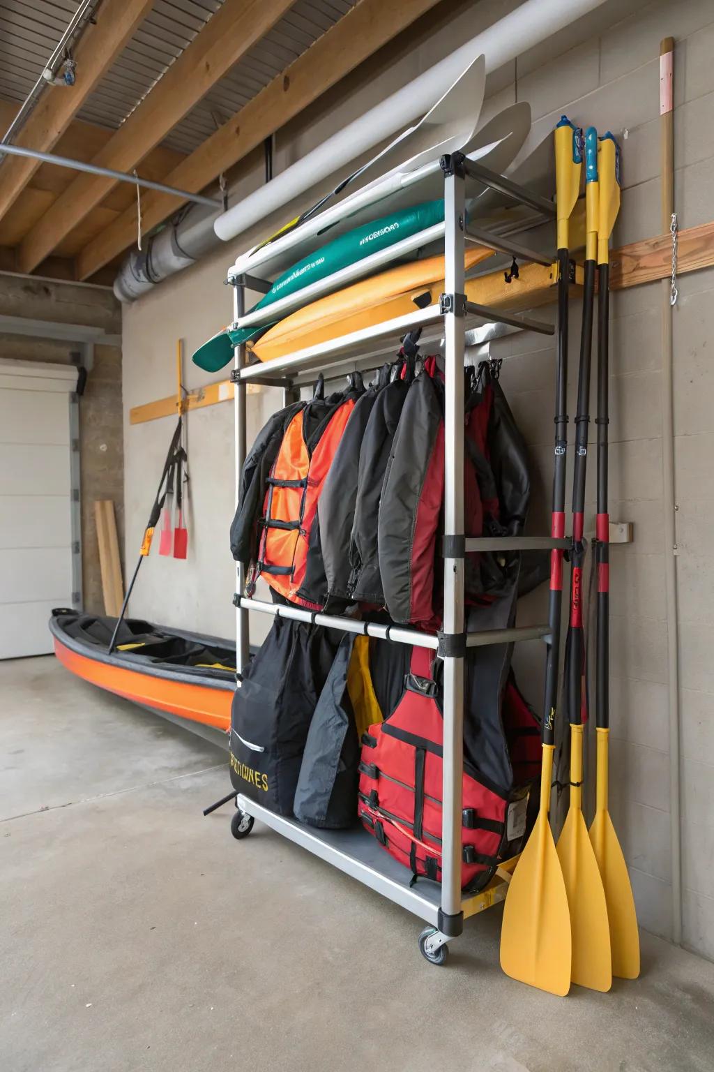 A versatile rack organizes your aqua vessel and gear effortlessly.