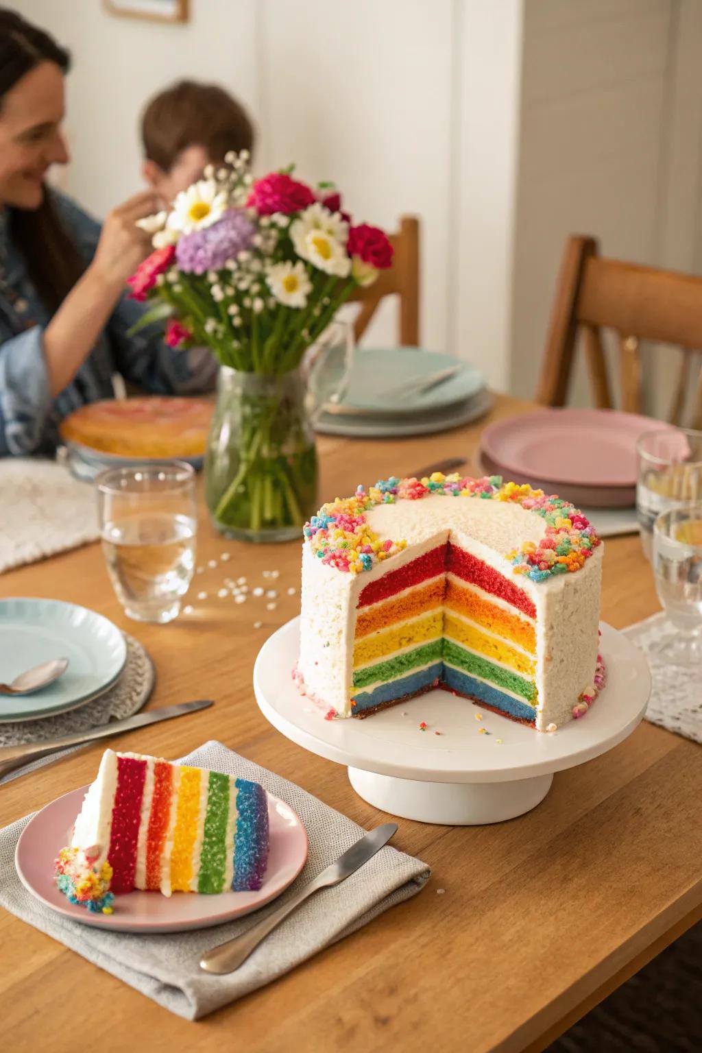 The surprise interior of a color spectrum confection is an enjoyable reveal.