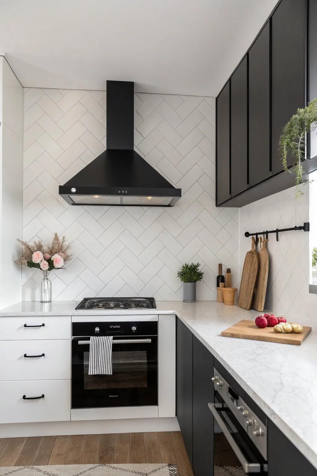 Minimalist kitchen featuring a monochrome range hood and matching backsplash for a sleek vibe.