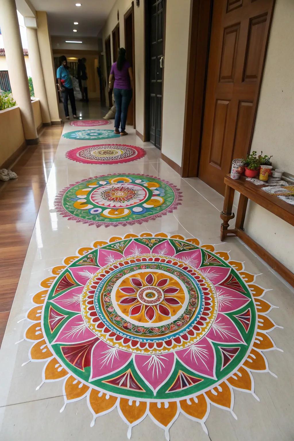 Complex designs fashion a 3D effect, adding depth to this rangoli masterpiece.