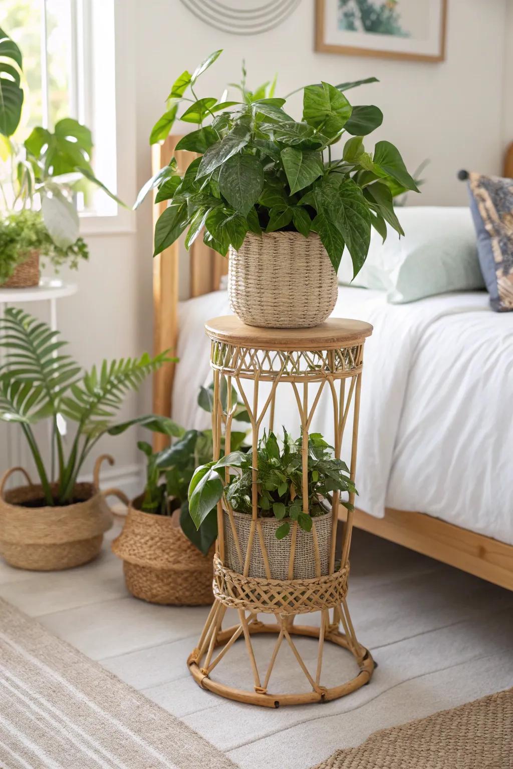 A rattan plant stand presents greenery and texture to your room.