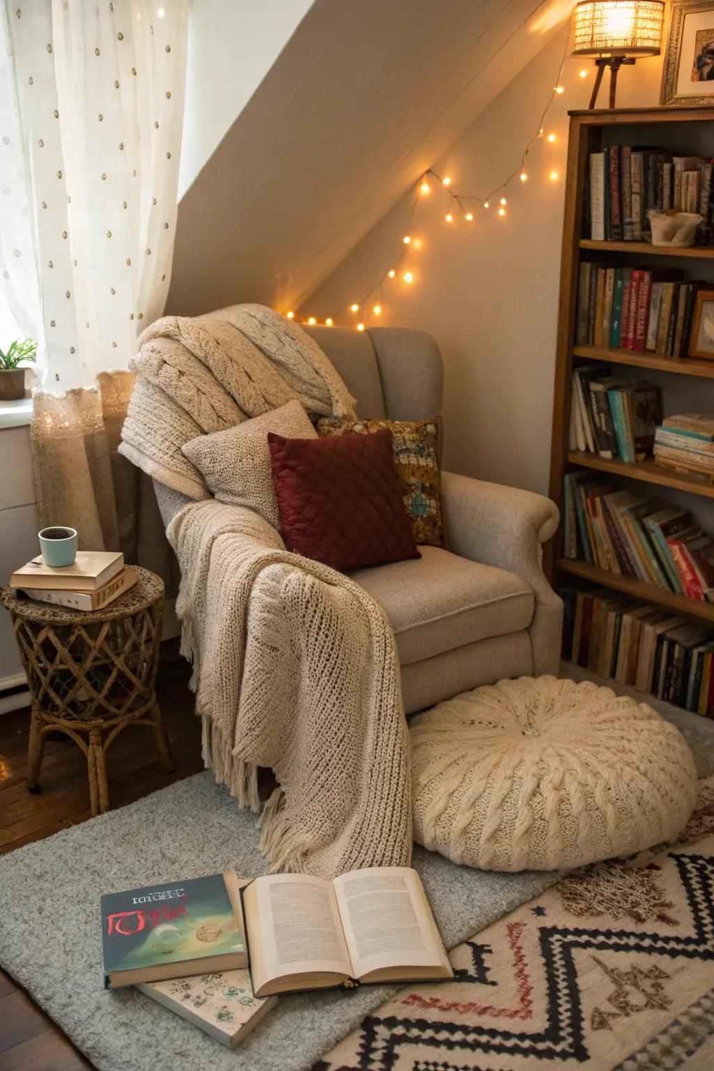Layered textures bring a sense of warmth and comfort to your reading nook.