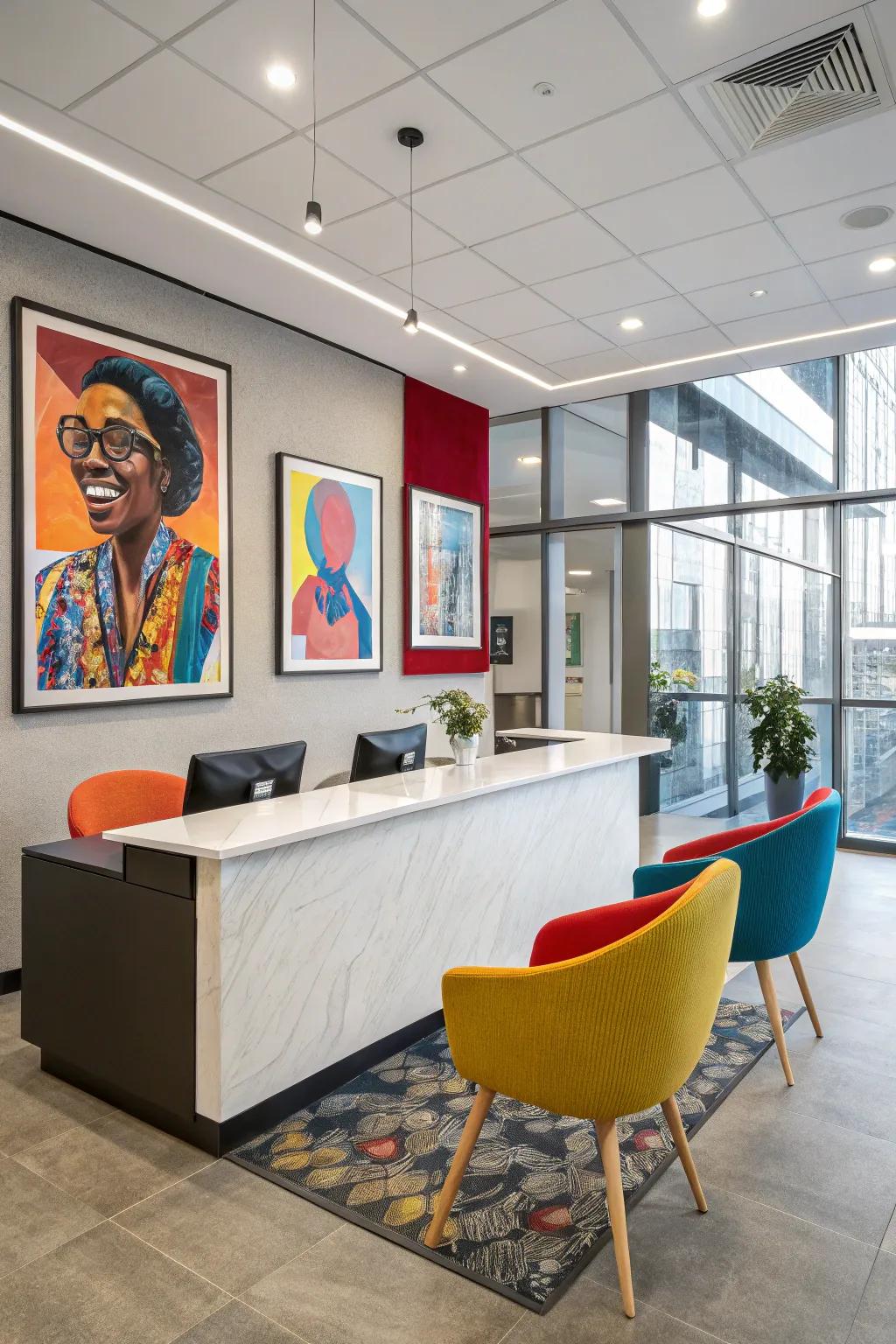 A vibrant reception space featuring colorful accents.