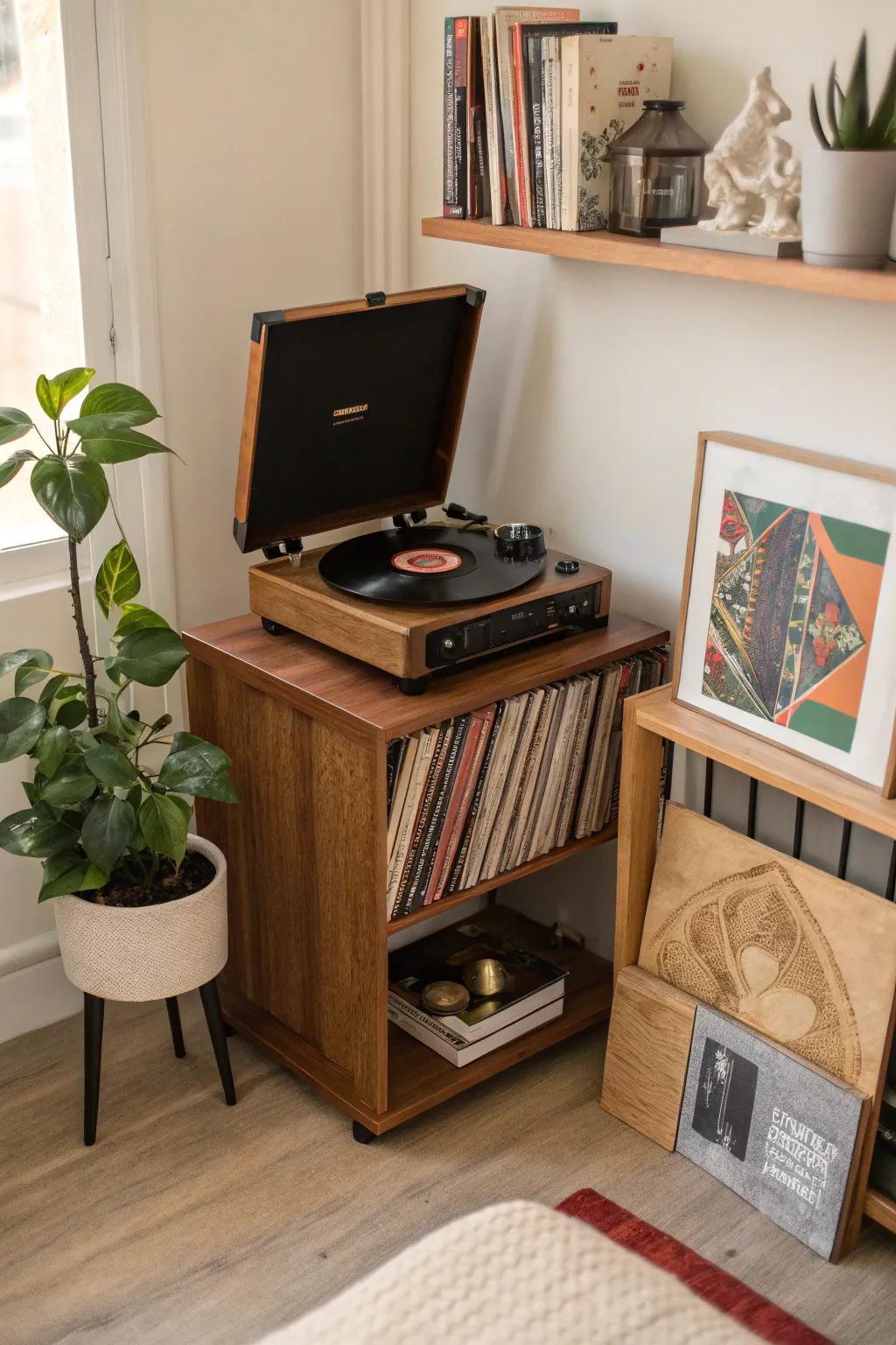 Small corner setup for a record player and music collection.