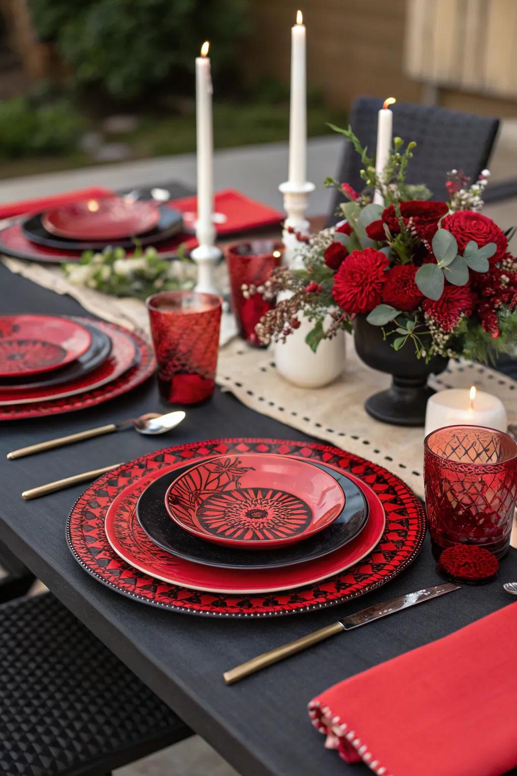 Tableware featuring scarlet plus charcoal hues perfectly complementing the display.