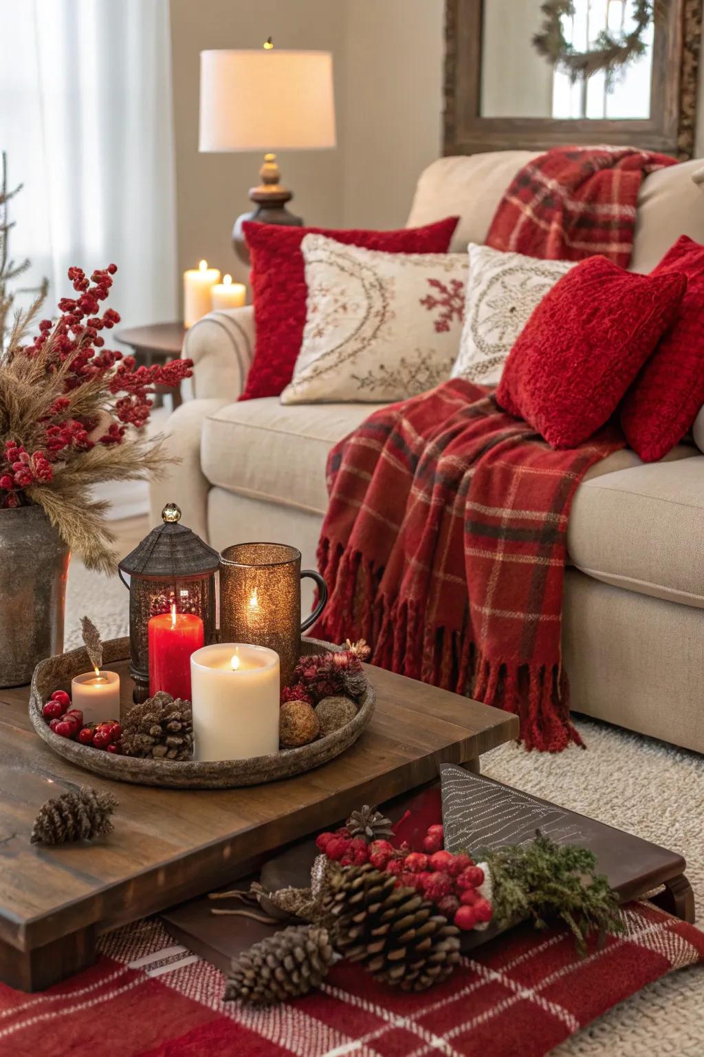 Seasonal decor with crimson and chocolate accents keeps the space fresh.