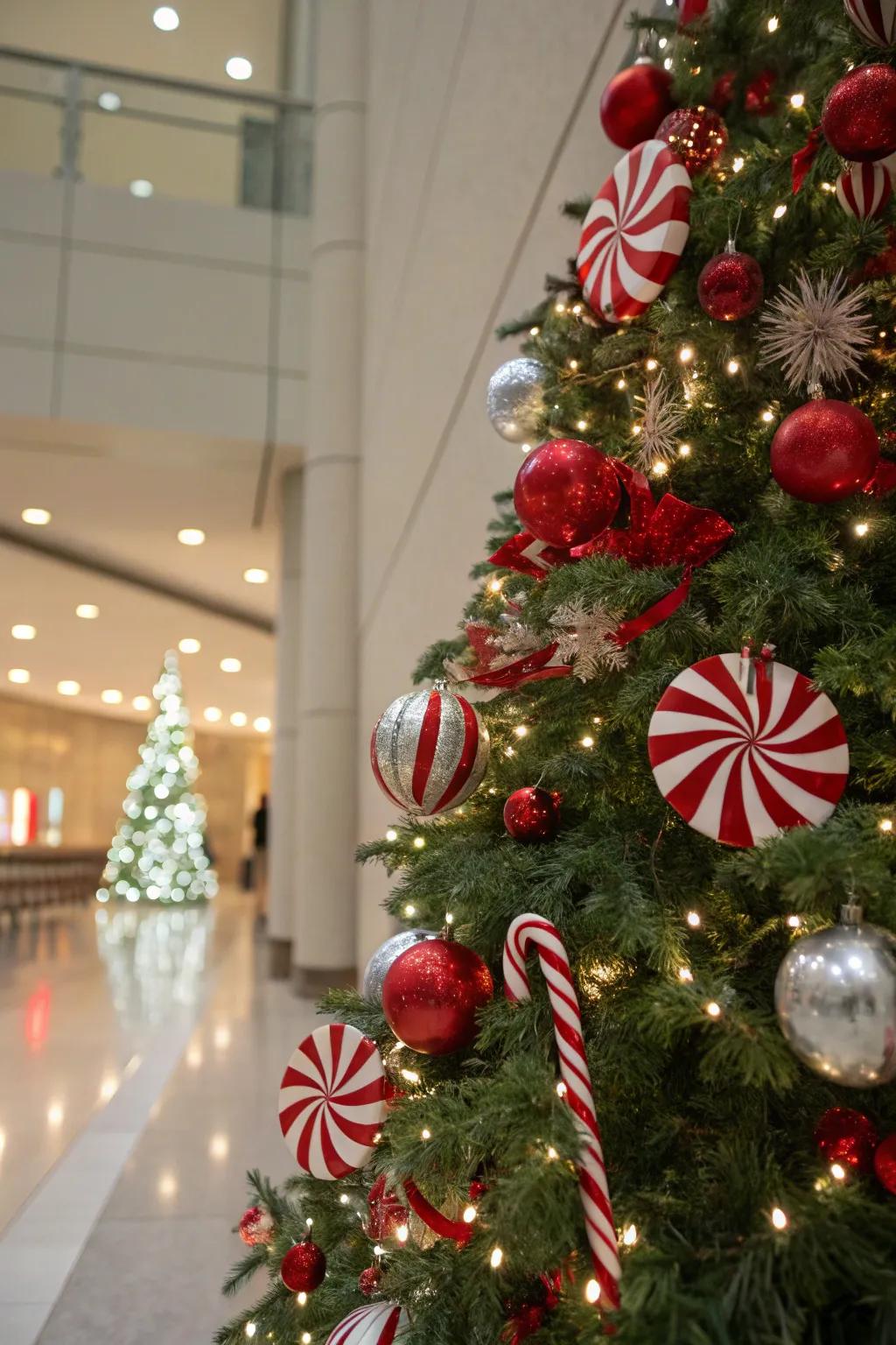 Your evergreen is brightened by the playful charm of candy strip motifs.