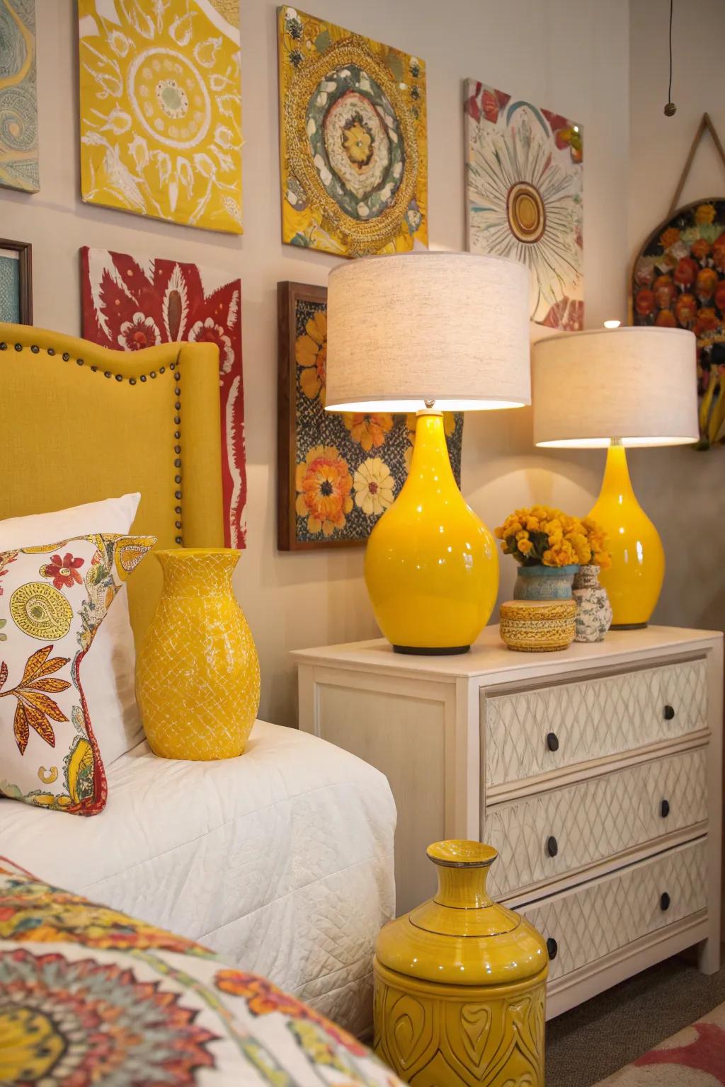 Yellow accent pieces like vases and lamps add energy and vibrancy to the bedroom.